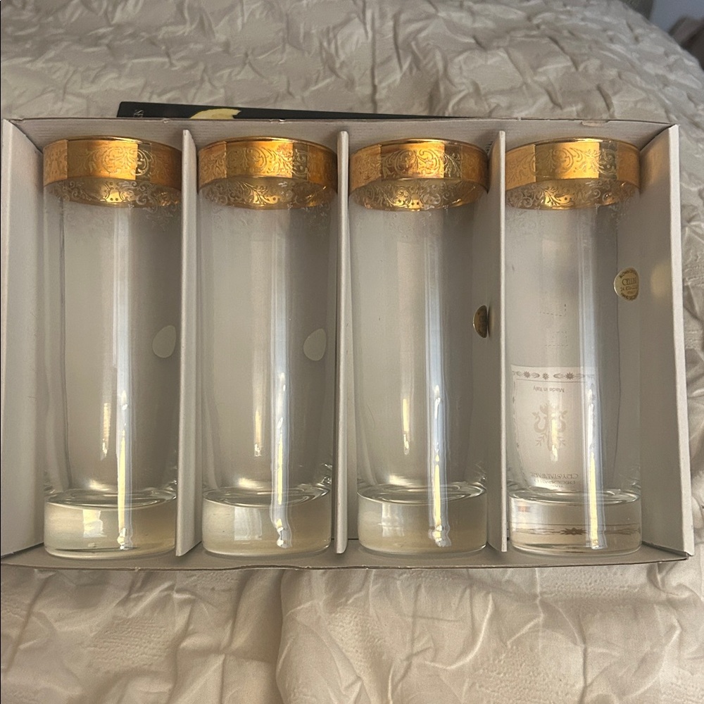 Cellini 24K Gold Rim and Etched Tall Highball Glass Set - (Set of 4) - Picture 2 of 5